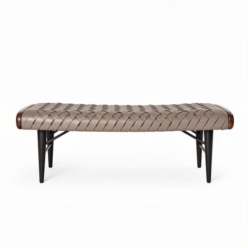 Geweven leren bankje in bruin 180 x 60 x 45cm met houten poten